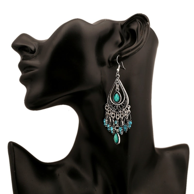 Wholesale Fashion Creative Bohemian Vintage Carved Waterdrop Gemstone Tassel Earrings